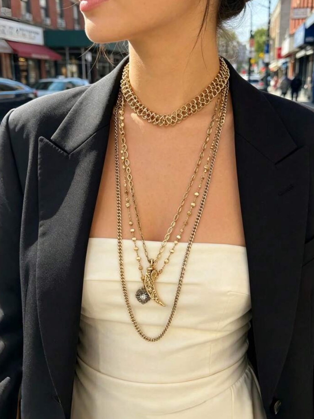 Layered Gold Chain Necklace Crescent Horn Pendant Celestial Charm
